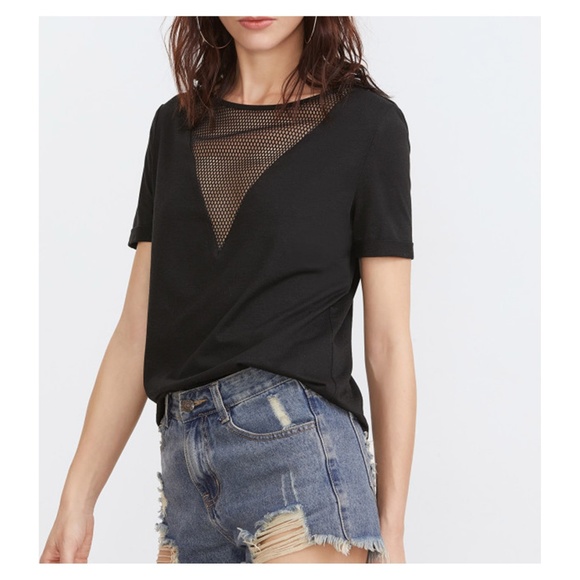 Black Short Sleeve Front Mesh Basic T-Shirt - Picture 2 of 5